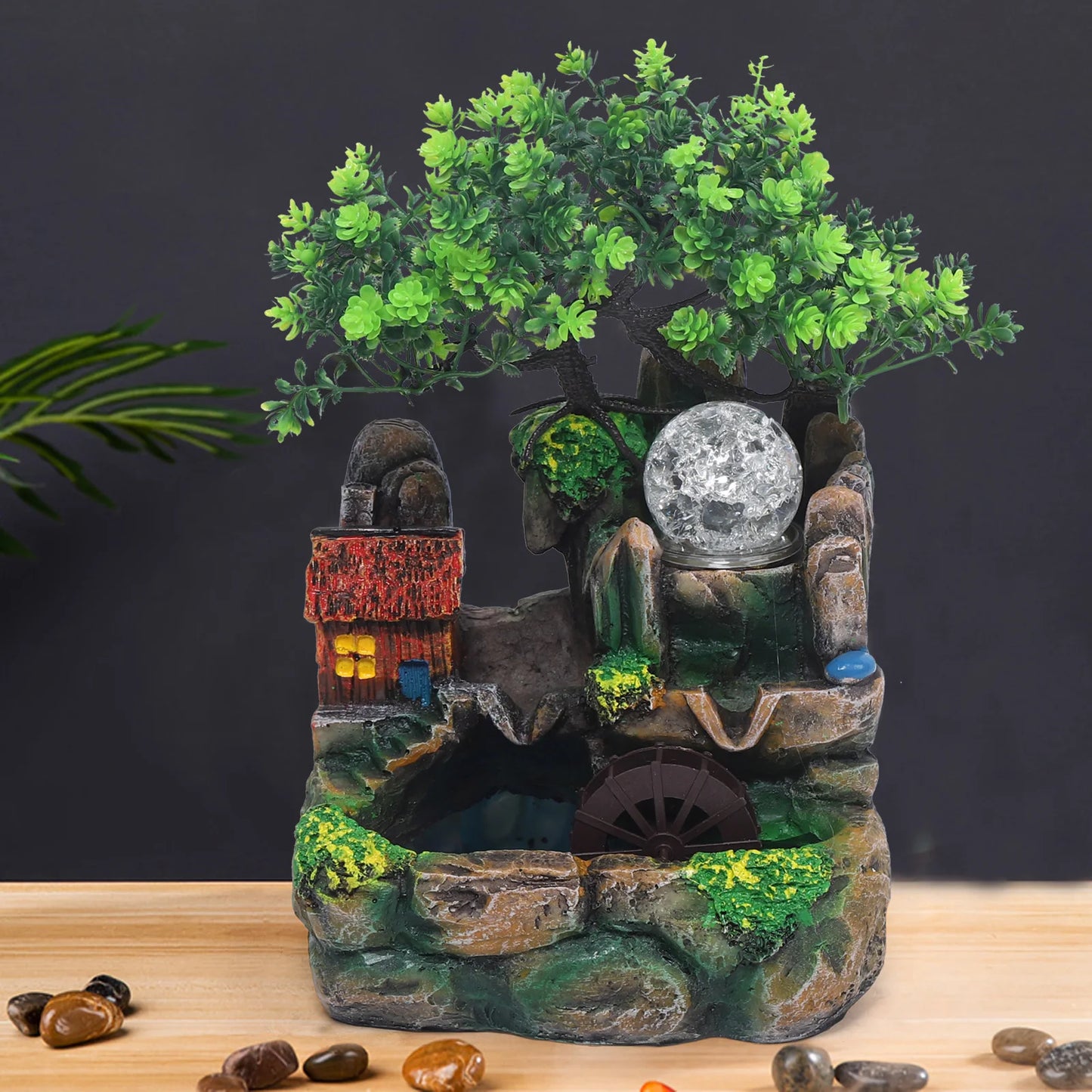 Lampe YourLab « Waterfall Rock LED » – Fontaine de Table Résine avec Boule LED & Atomiseur